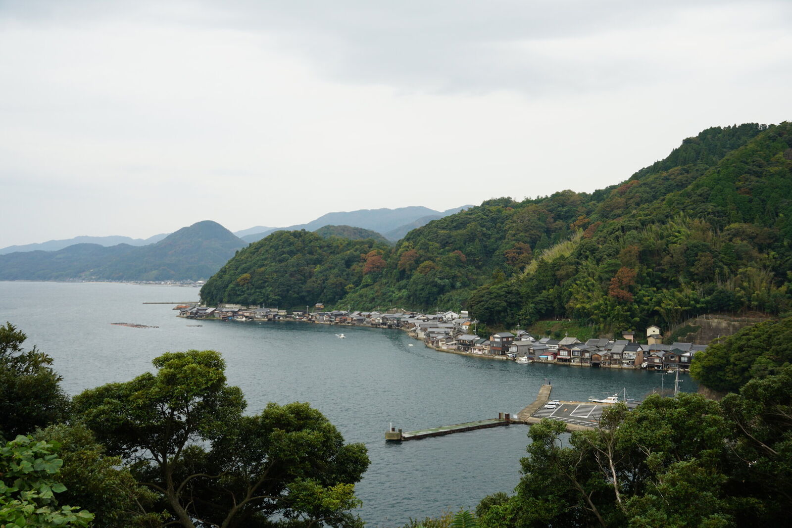 Panoramic view from the Michi no Eki hilltop overlooking Ine Bay, the village, and the Sea of Japan