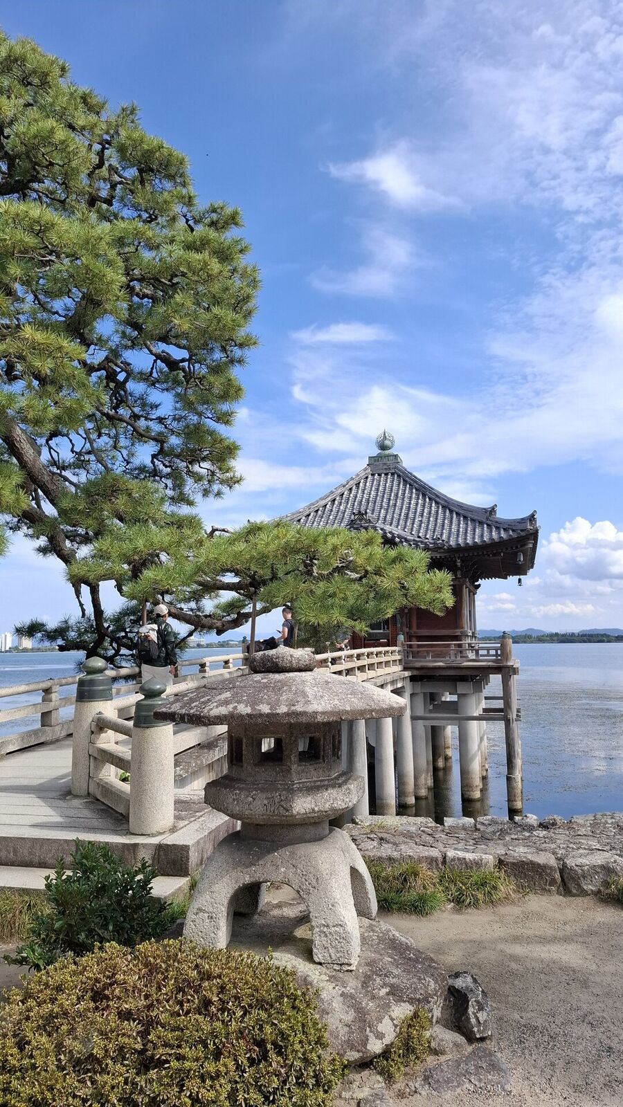 View from the bridge back toward shore, pine trees and stone lanterns framing the temple grounds