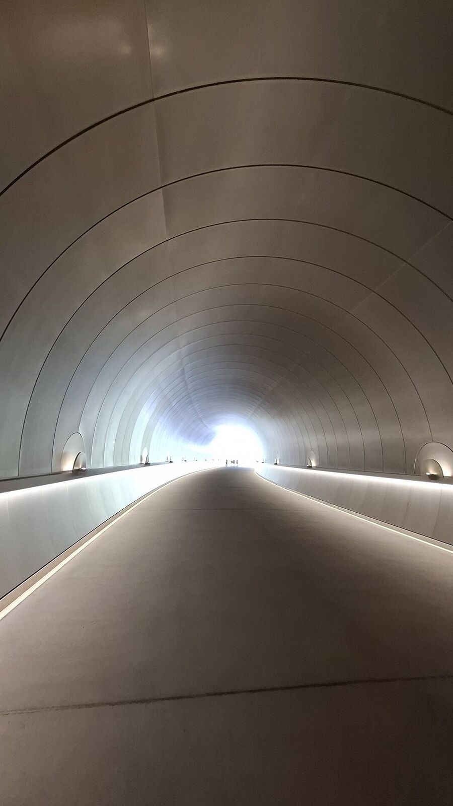 Abstract composition of the tunnel's copper-clad surface and floor lighting, geometric lines converging into the curve