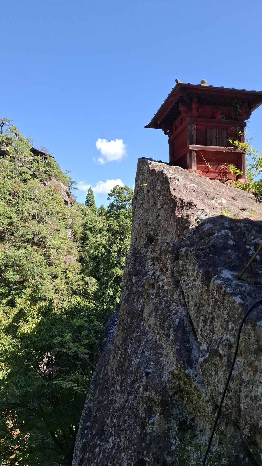 The red-painted Nokyodo hall perched on top of a massive rock outcrop, green forest and blue sky behind