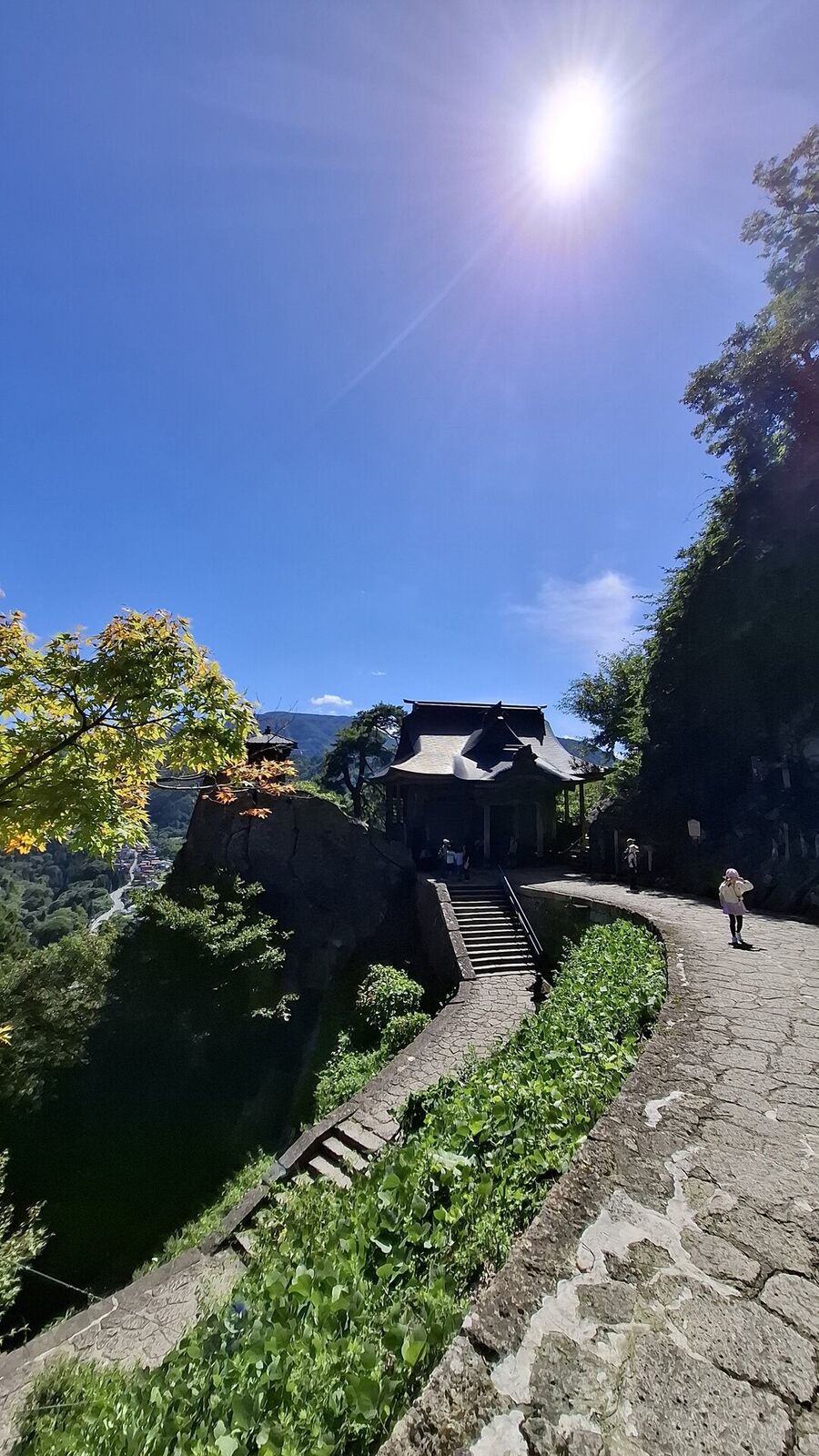 Temple building perched on a narrow cliff ledge high above the valley, sun blazing through the trees, stone walls anchoring it to the mountain