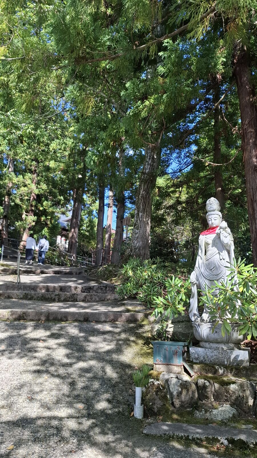 A closer view of the Jizo statue among the cedars on the approach to Nariaiji, sunlight filtering through the dense canopy