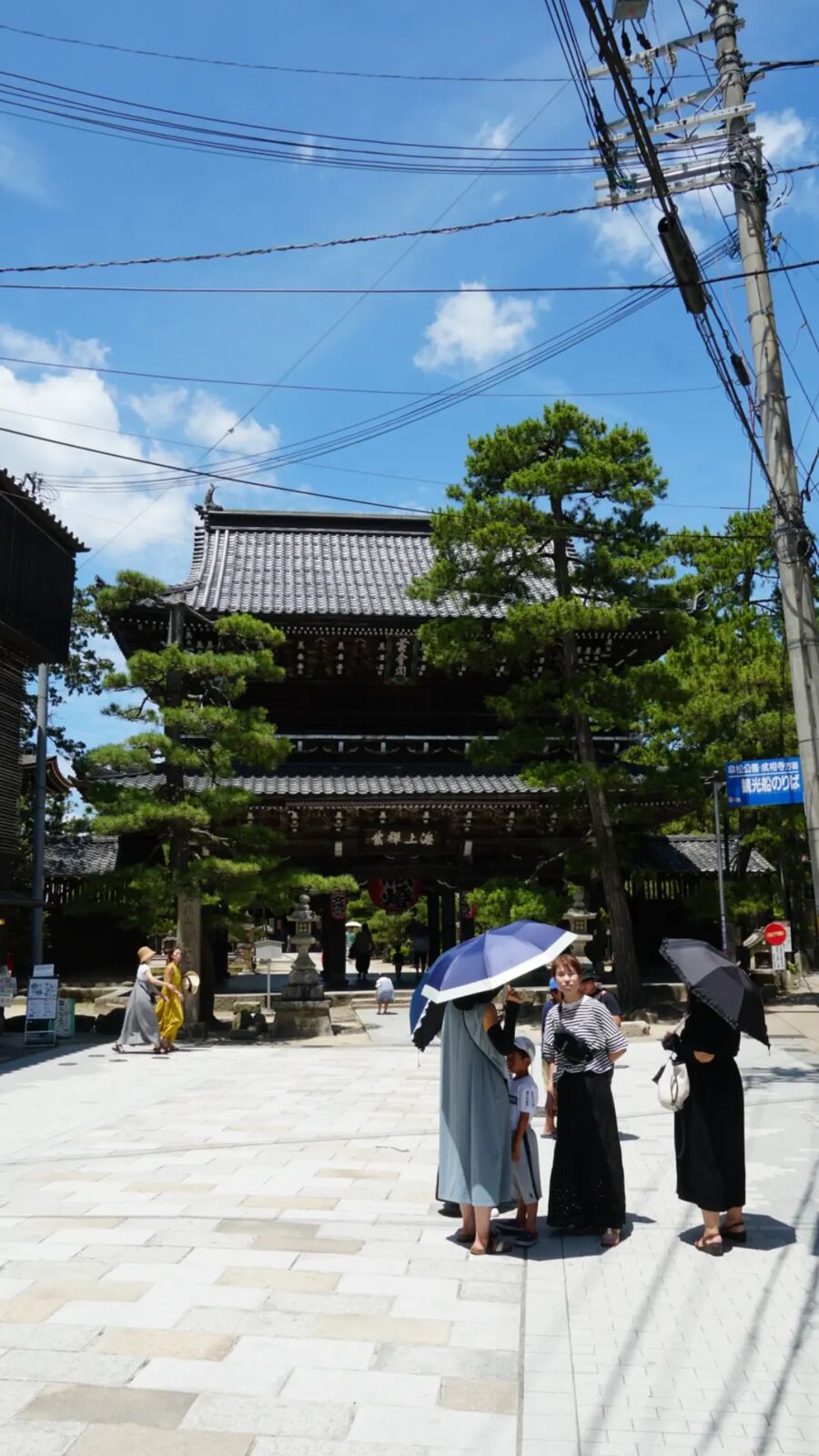 People with parasols standing before the gate of Chionji temple, traditional wooden architecture with old pines framing the entrance under harsh summer sun
