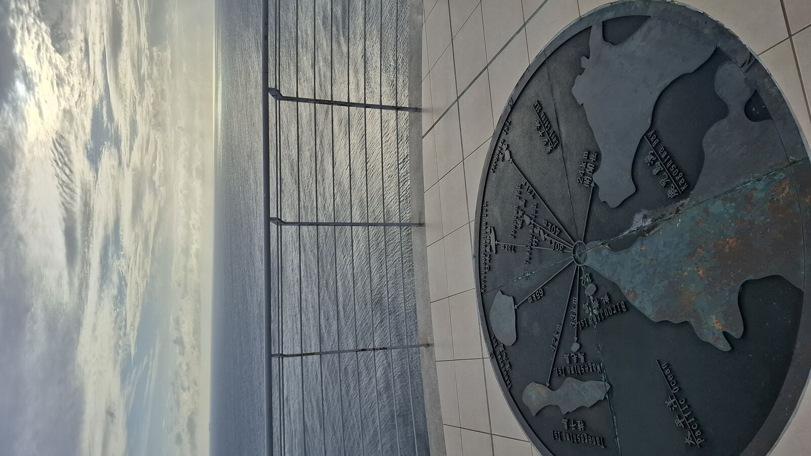 Detail of the compass rose and directional markers embedded in the platform floor at the southernmost point