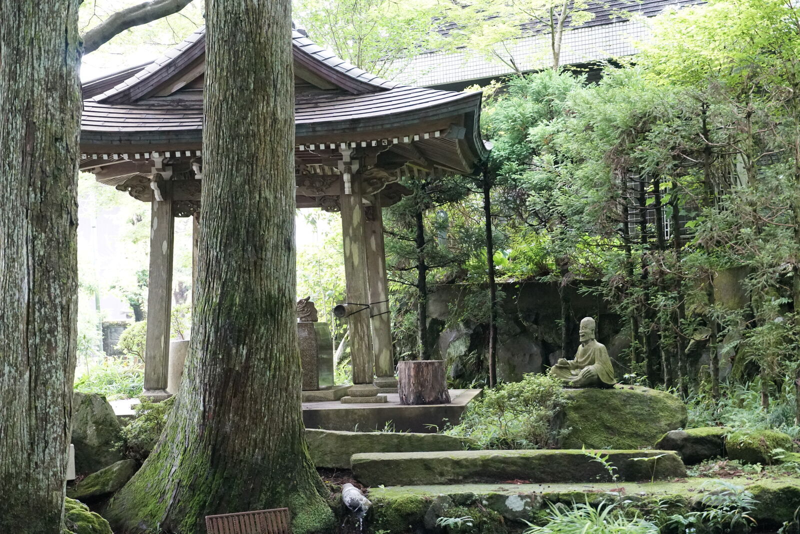 The bell pavilion among tall cedars, a seated golden Buddha on a mossy rock in the foreground, stone steps leading up