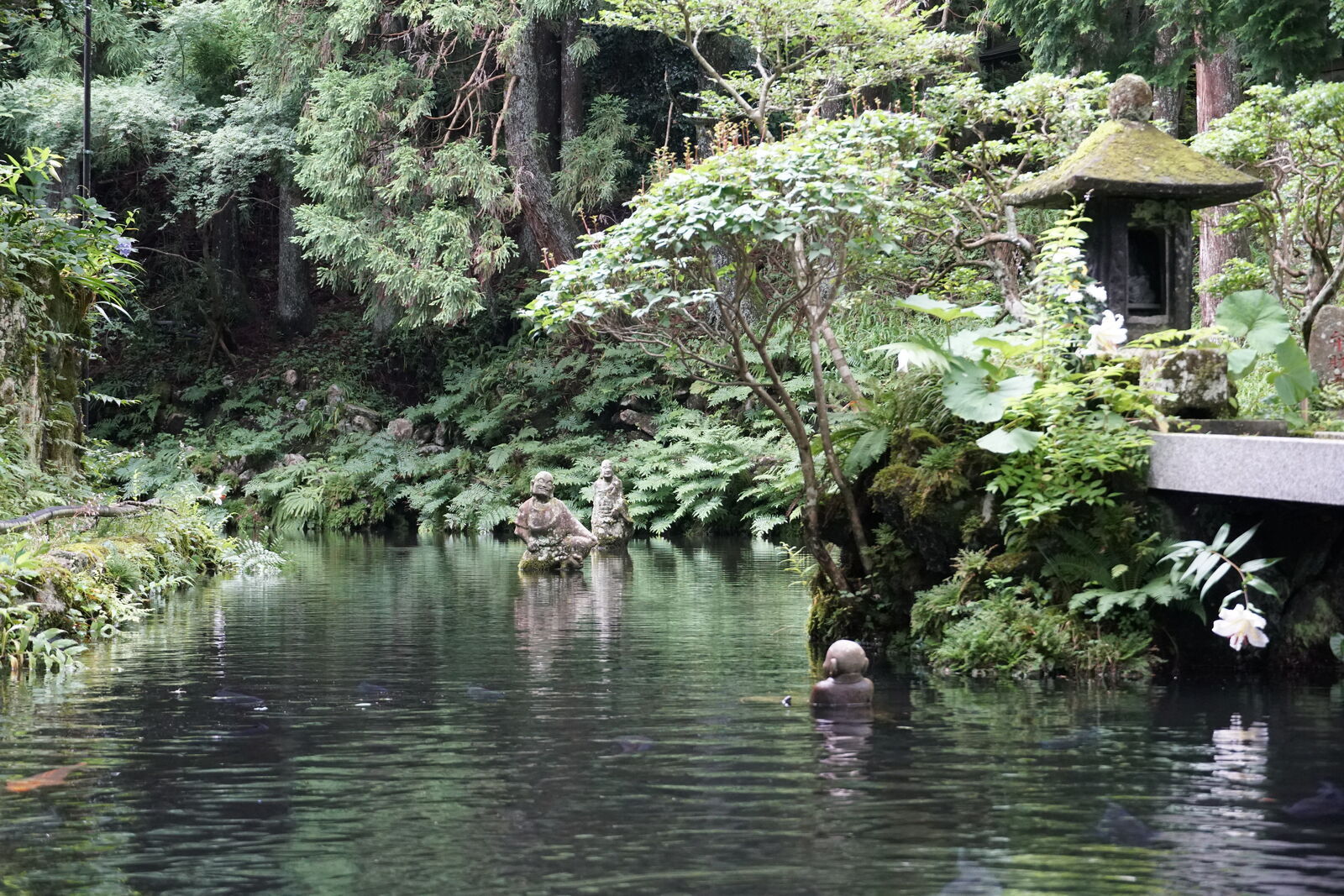 Overview of the temple pond with two rakan figures standing in dark water, a stone lantern on the bank, lush forest rising behind