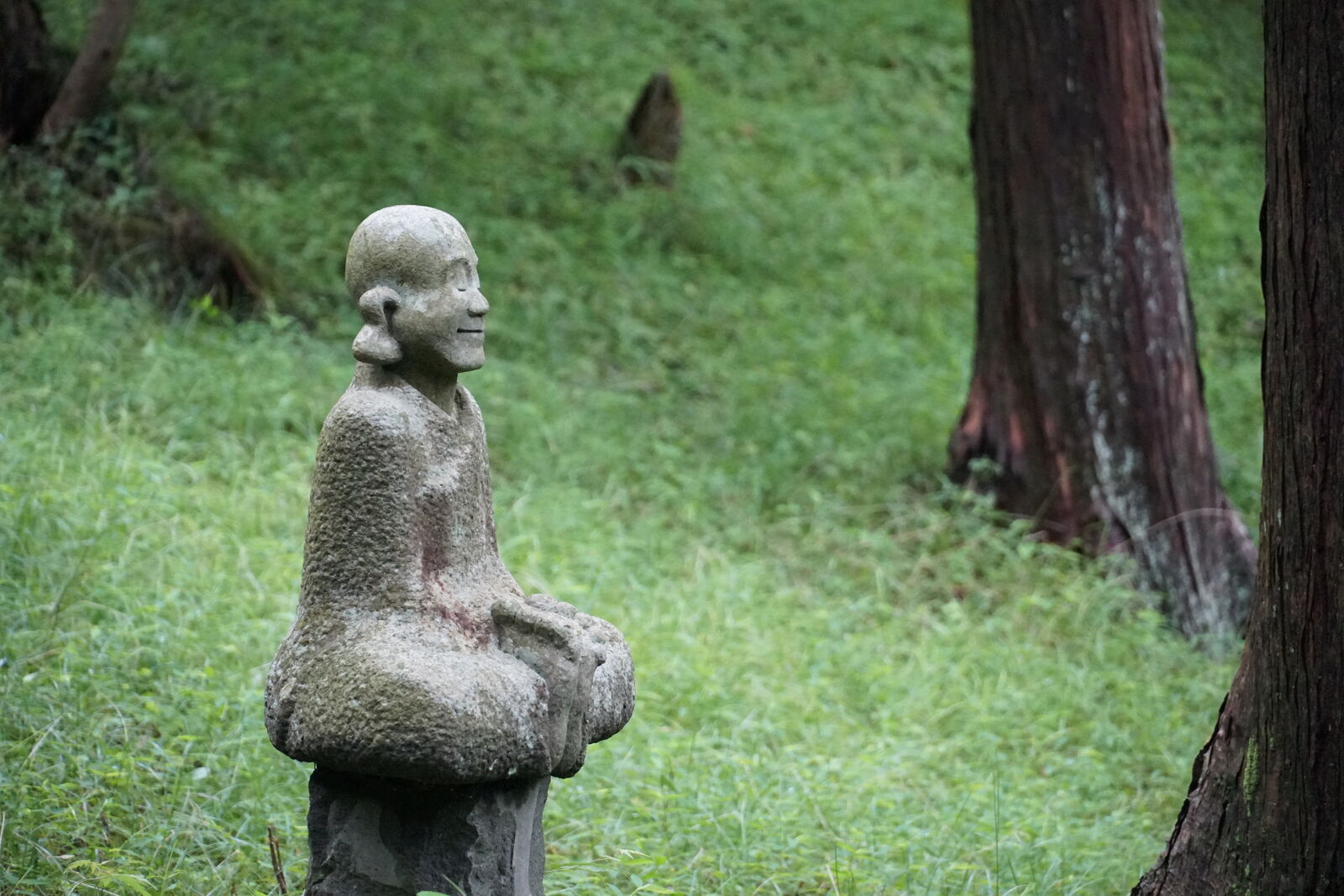 Minimalist profile of a meditating figure on a stone pedestal, soft green grass and cedars behind