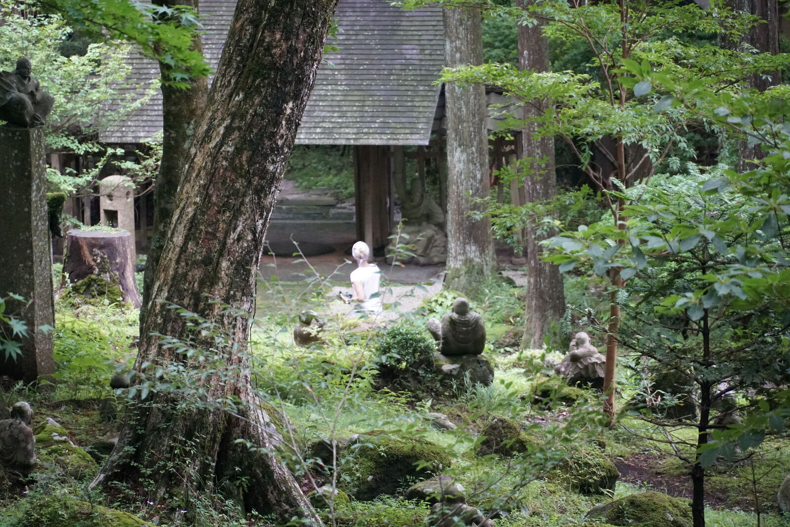 Isi standing among rakan figures and temple buildings in the forest, almost blending in with the stone monks around her