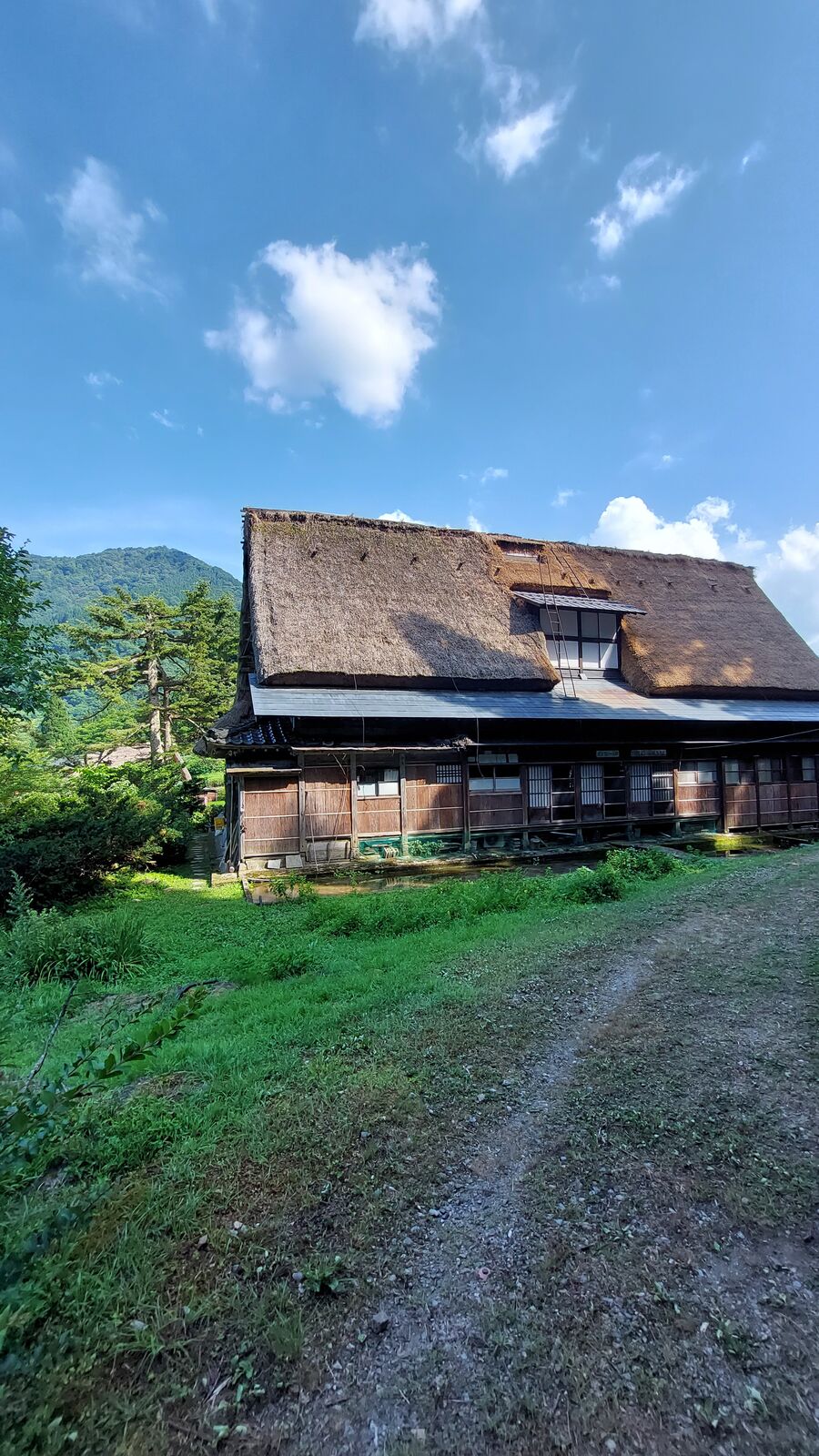 A single gassho-zukuri house standing alone with its steep thatched roof