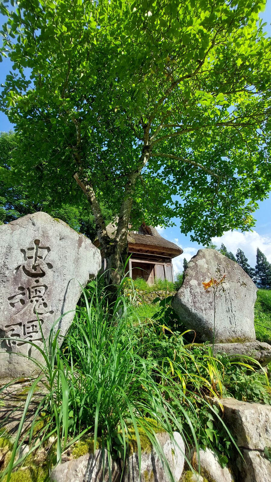 Weathered stone chukonhi monument with Japanese characters, a gassho house visible behind trees
