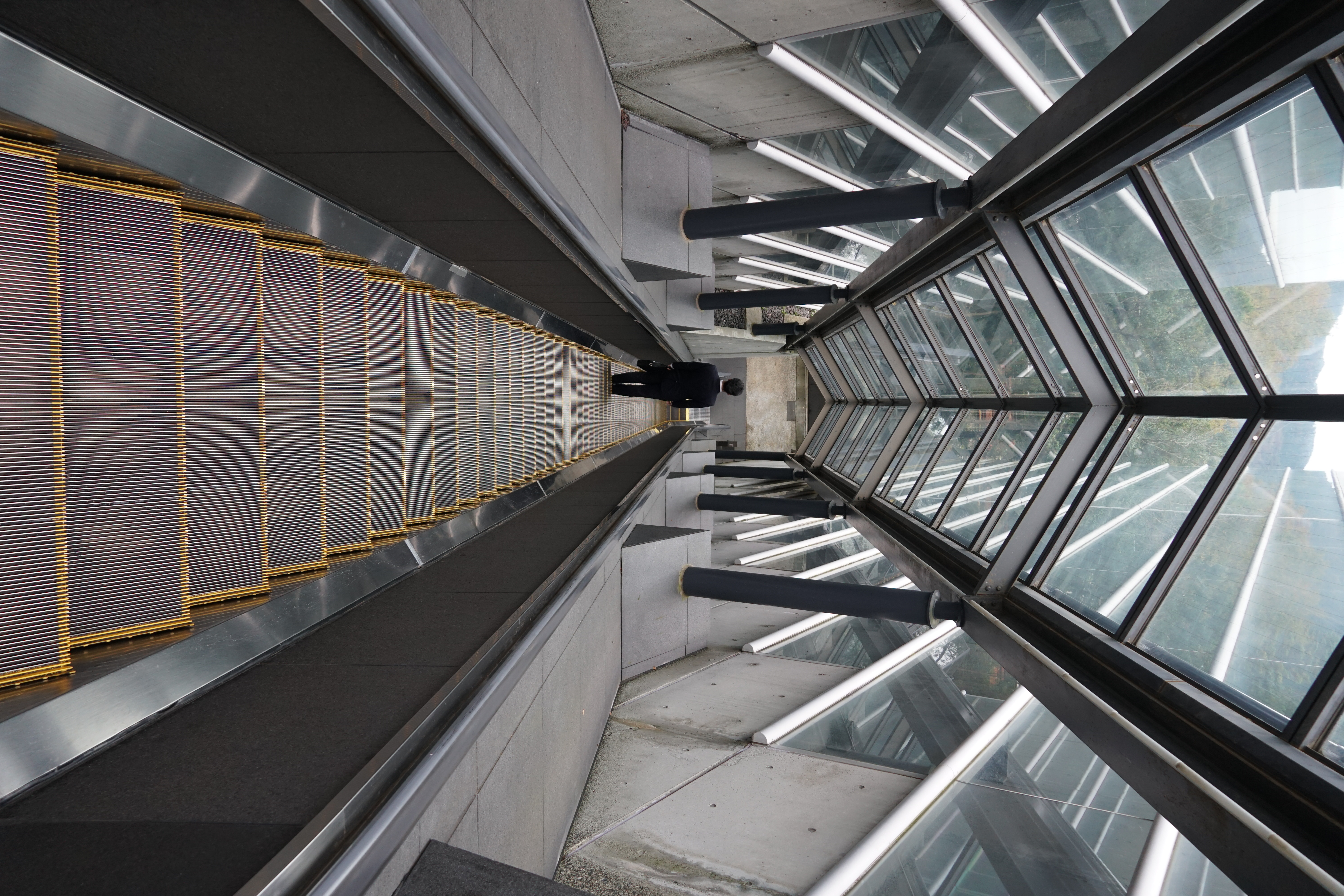 Angular modern corridor with steel beams and glass panels inside the museum entrance building
