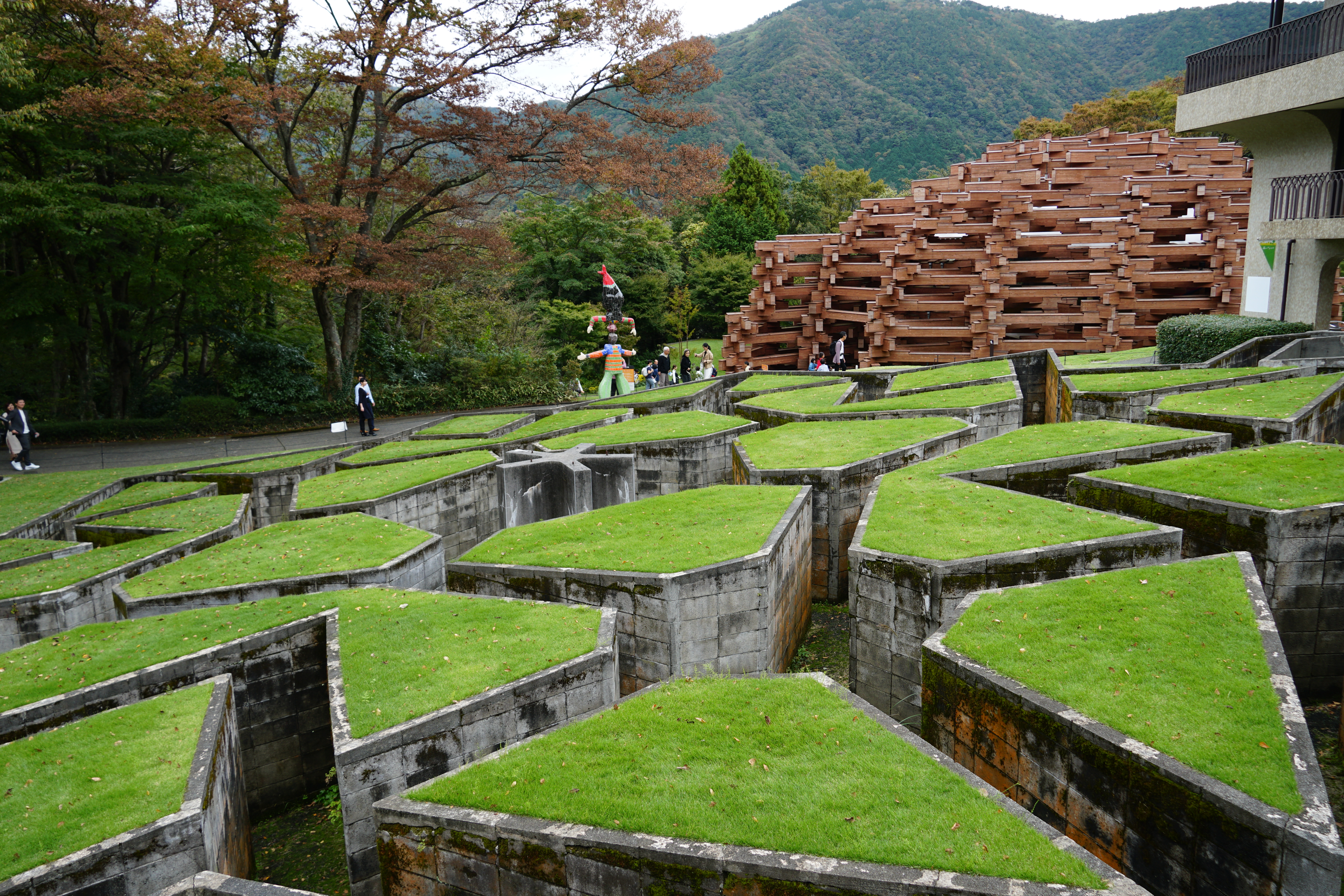 Sculpture framed against the Hakone mountain backdrop