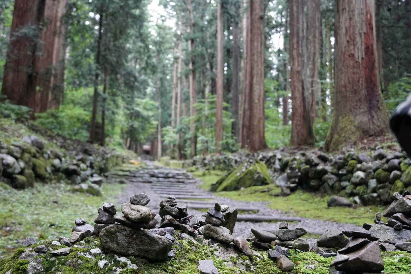 Broken stone Buddhist tablets scattered on the moss, remnants of the Meiji-era forced separation of Buddhism and Shinto