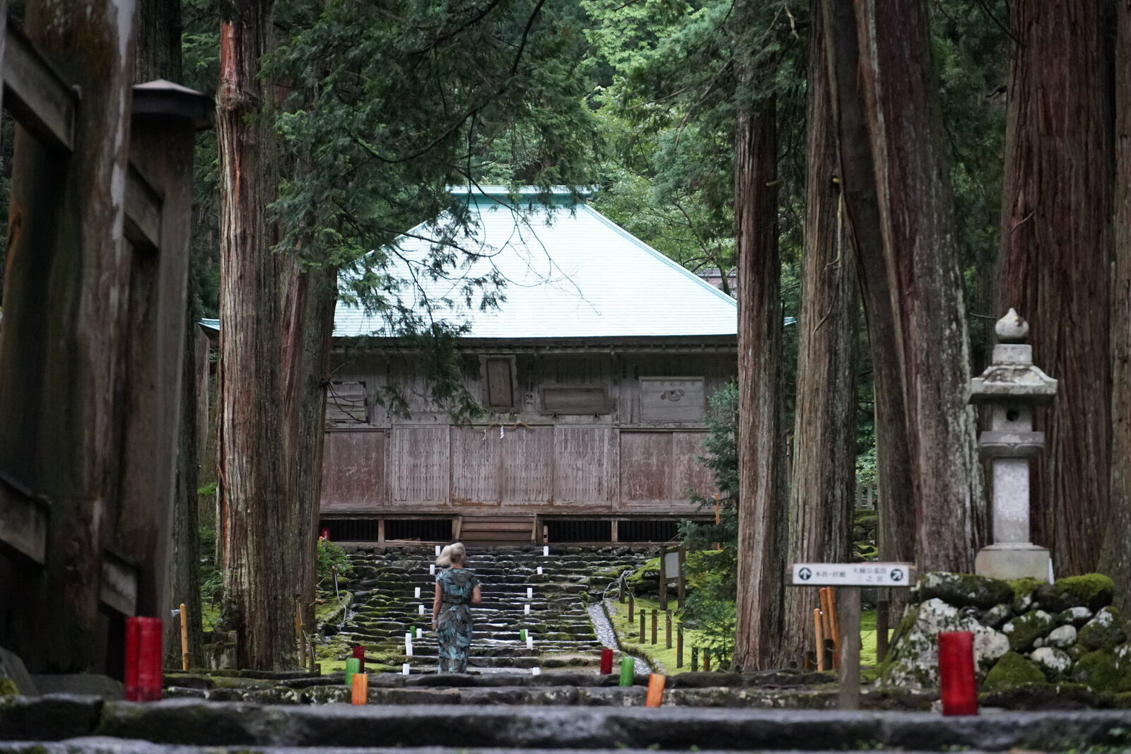 View through the torii gate toward the main shrine building with stone lanterns and sacred architecture visible beyond