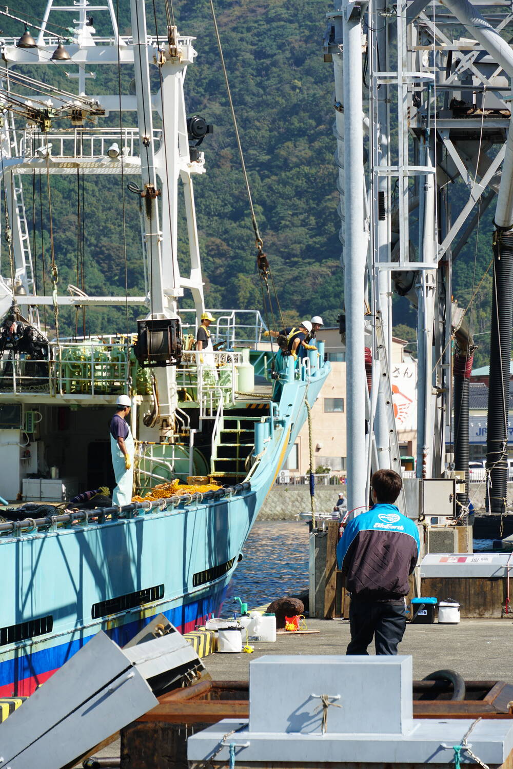 A fisherman working at the dock with fishing boats and the forested bay in the background