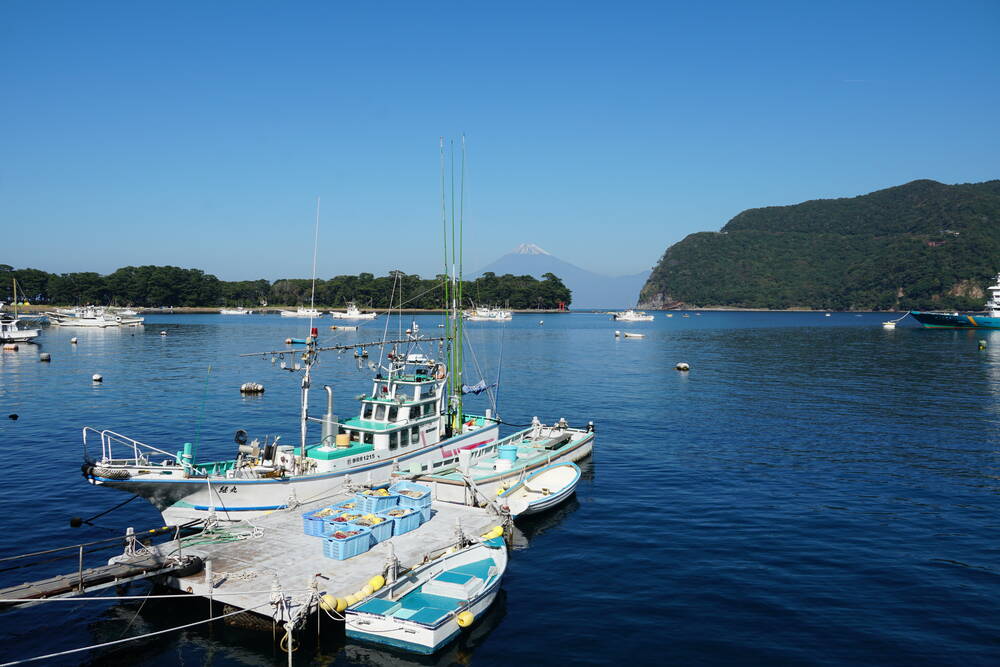 Fishing boats in Heda harbour with Mount Fuji rising across the bay in the background under a clear blue sky