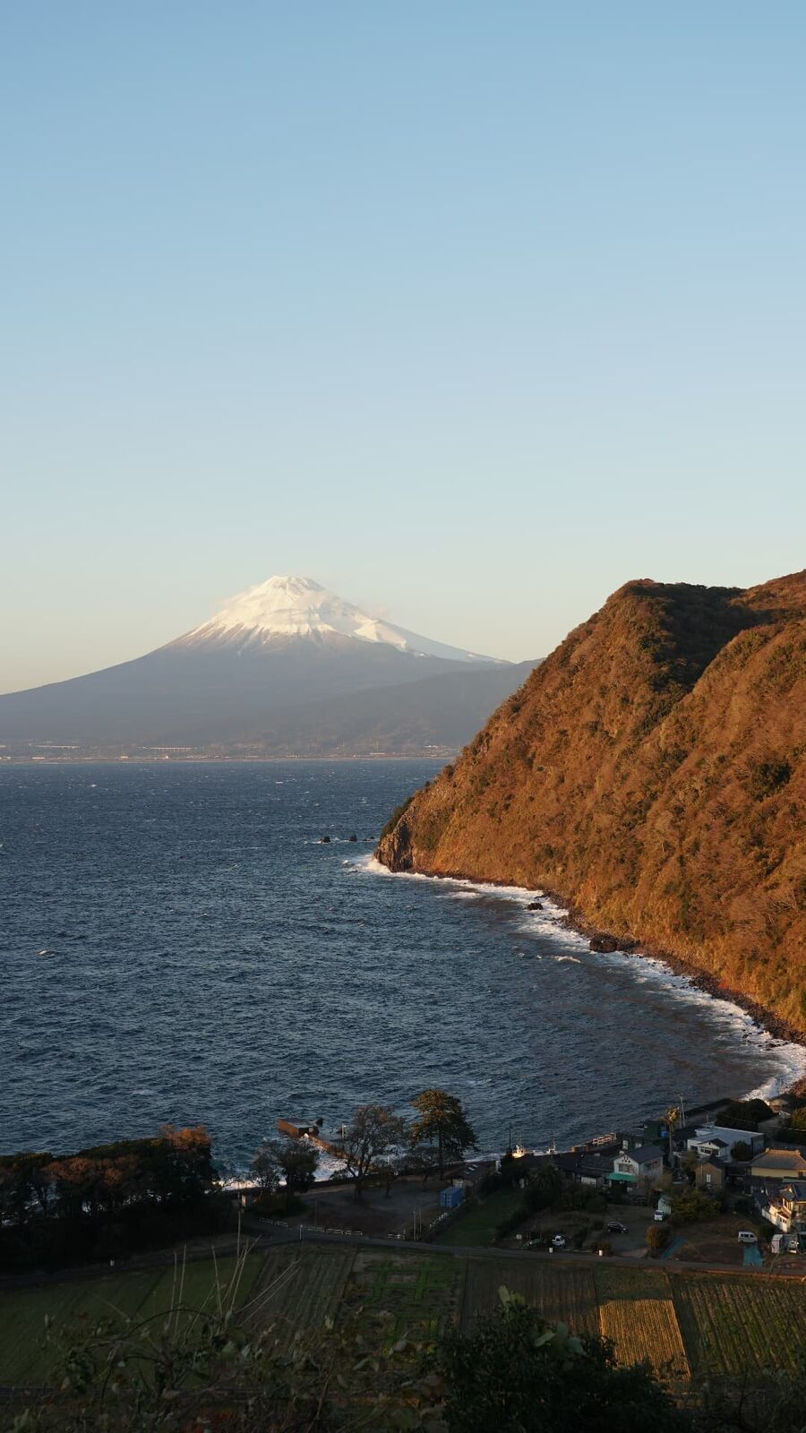 Mount Fuji framed through the bare autumn branches of trees on the shrine peninsula, ocean and sky in soft afternoon light