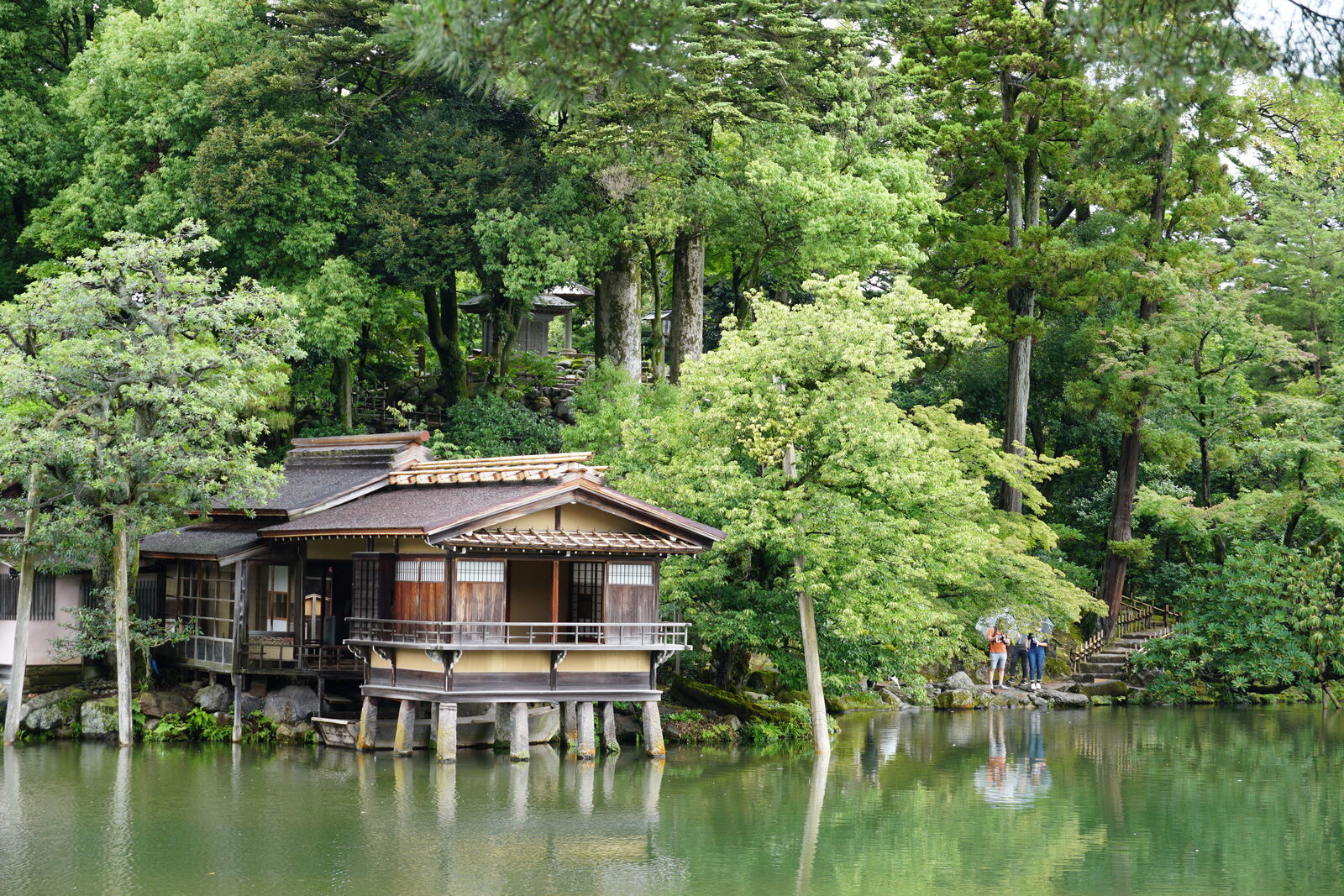 Wide garden view with visitors strolling among sculpted pines and tea houses