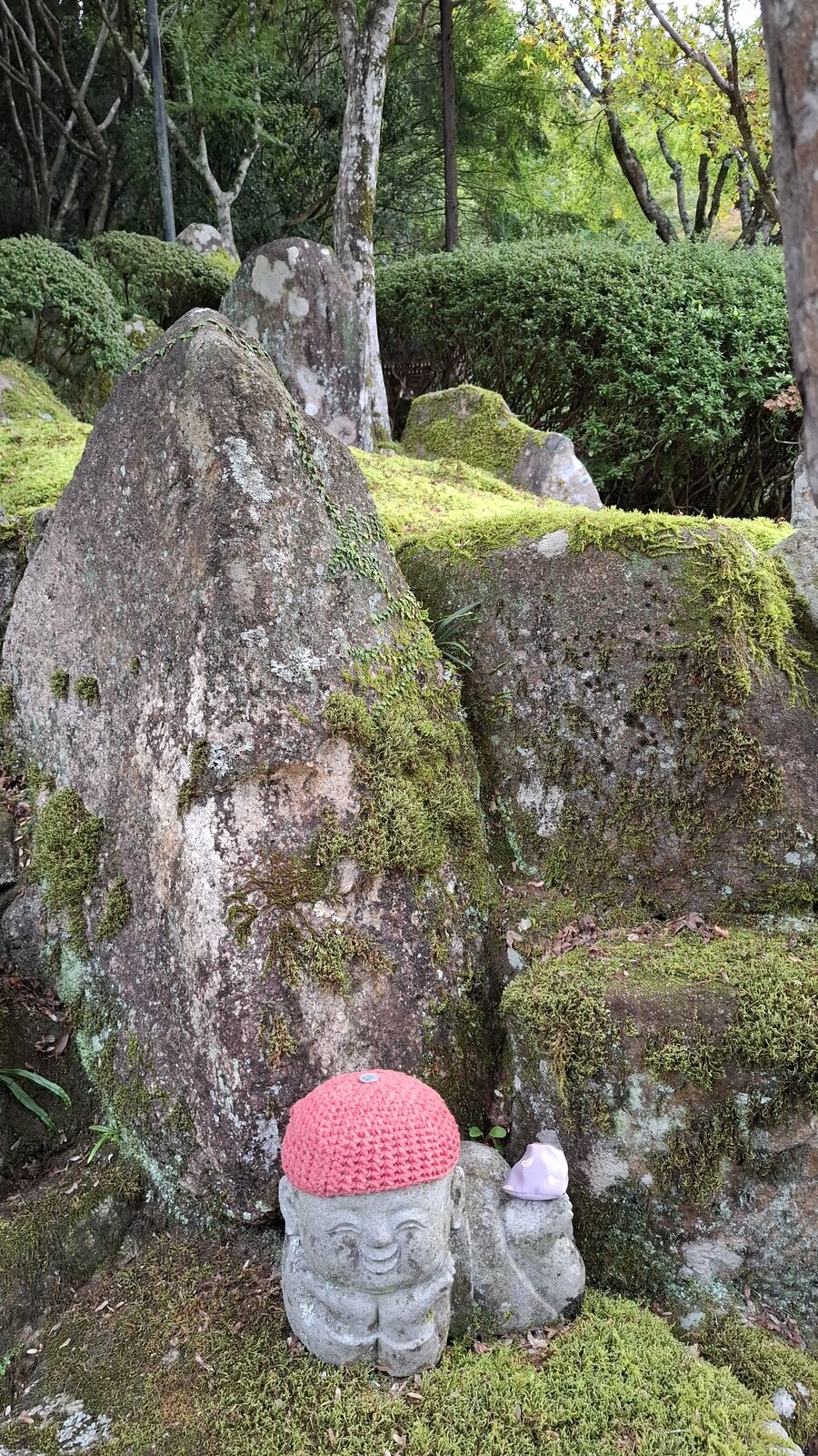 A tiny jizo with a pink knitted cap nestled between mossy boulders, almost hidden in the green, waiting to be discovered by those who look carefully