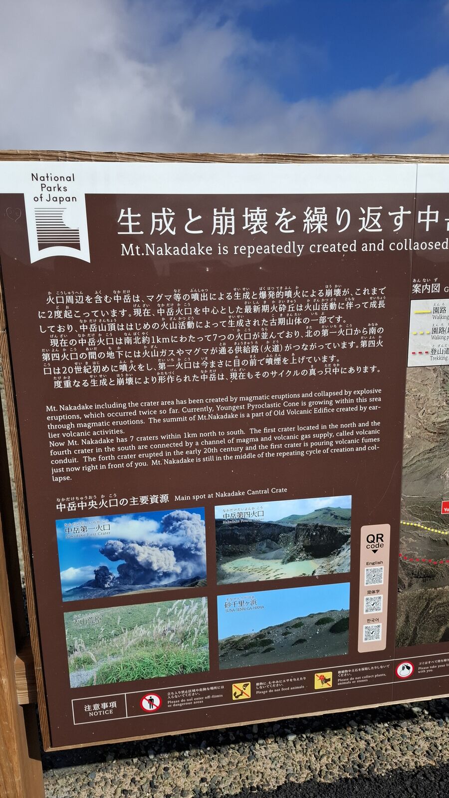 Information board about Mt. Nakadake explaining its cycle of creation and collapse, with photos of past eruptions and the current crater