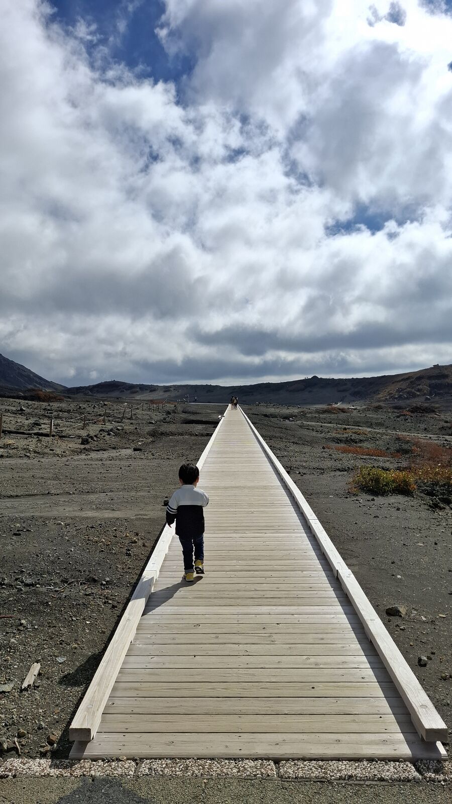 A lone figure walking on a wooden boardwalk across the volcanic plain, the vastness of the barren landscape dwarfing the human scale