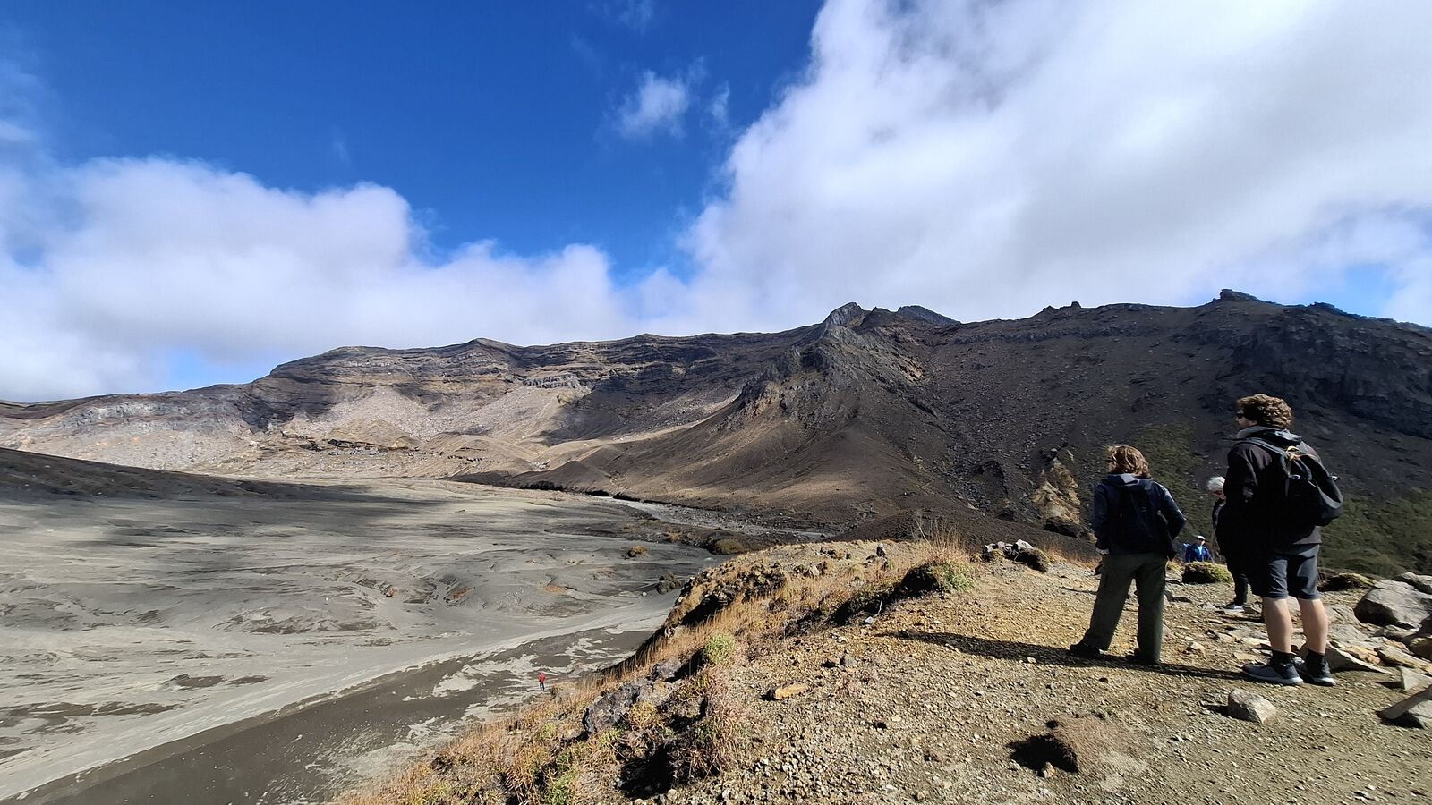 Hikers at the caldera overlook, the barren volcanic desert stretching out below them, layers of erosion visible in the grey and brown terrain