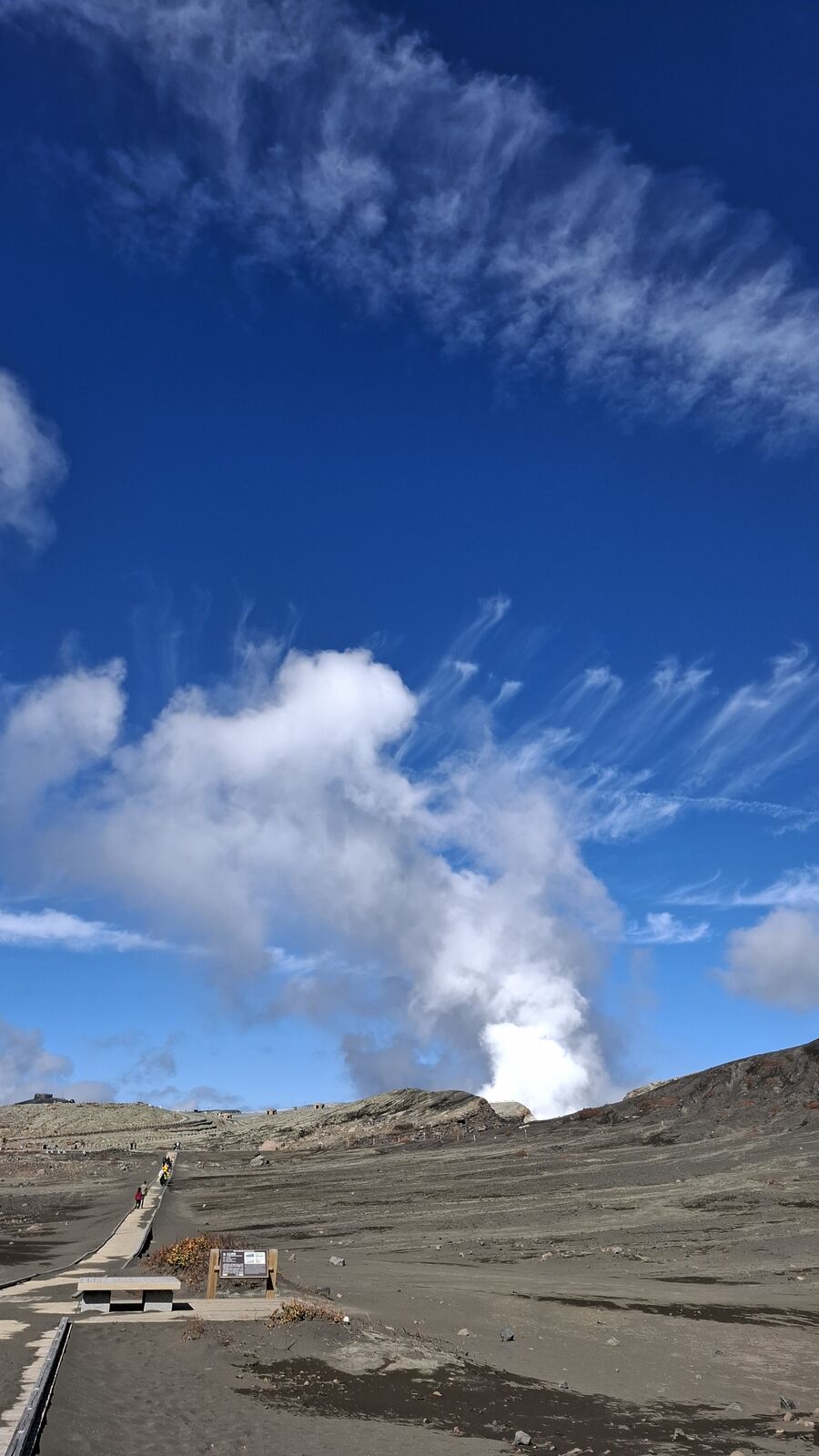 The volcanic plateau stretching toward the crater, monitoring station visible, steam rising beyond the grey ridgeline against deep blue sky