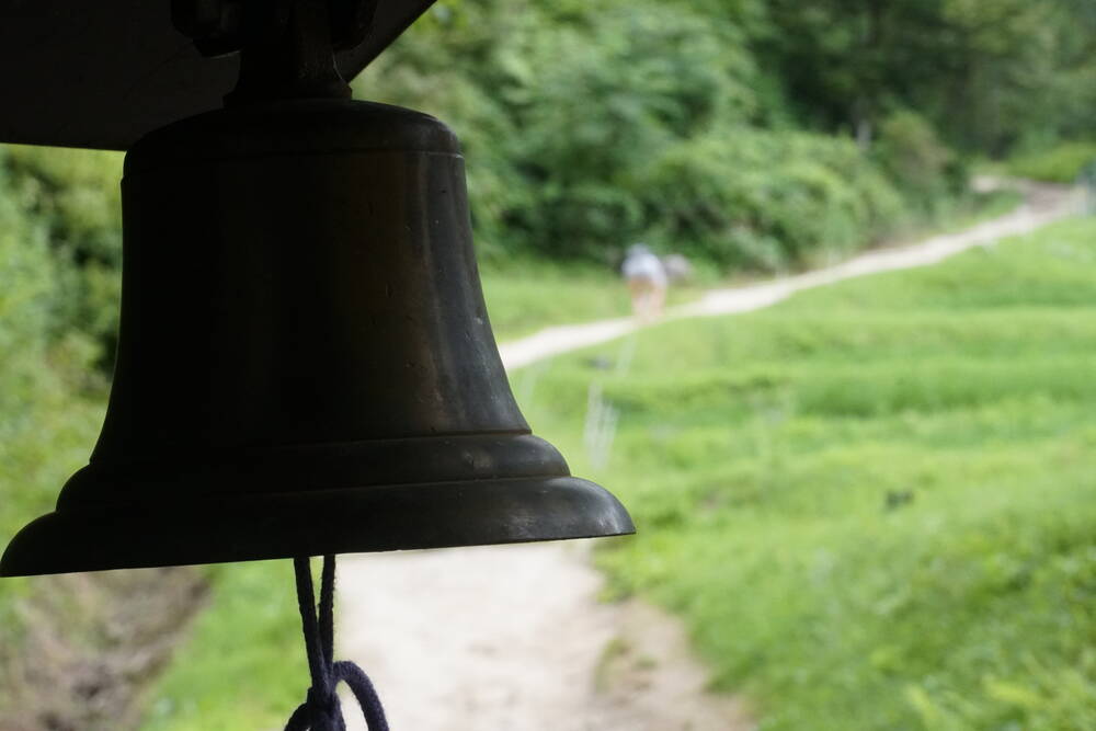A bronze bear bell hanging at a trail station with the hiking path winding into green hills behind