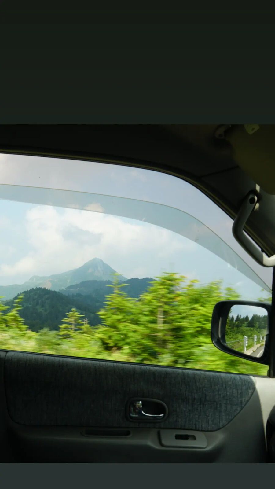 View through the van passenger window while driving, a mountain peak visible through motion-blurred greenery