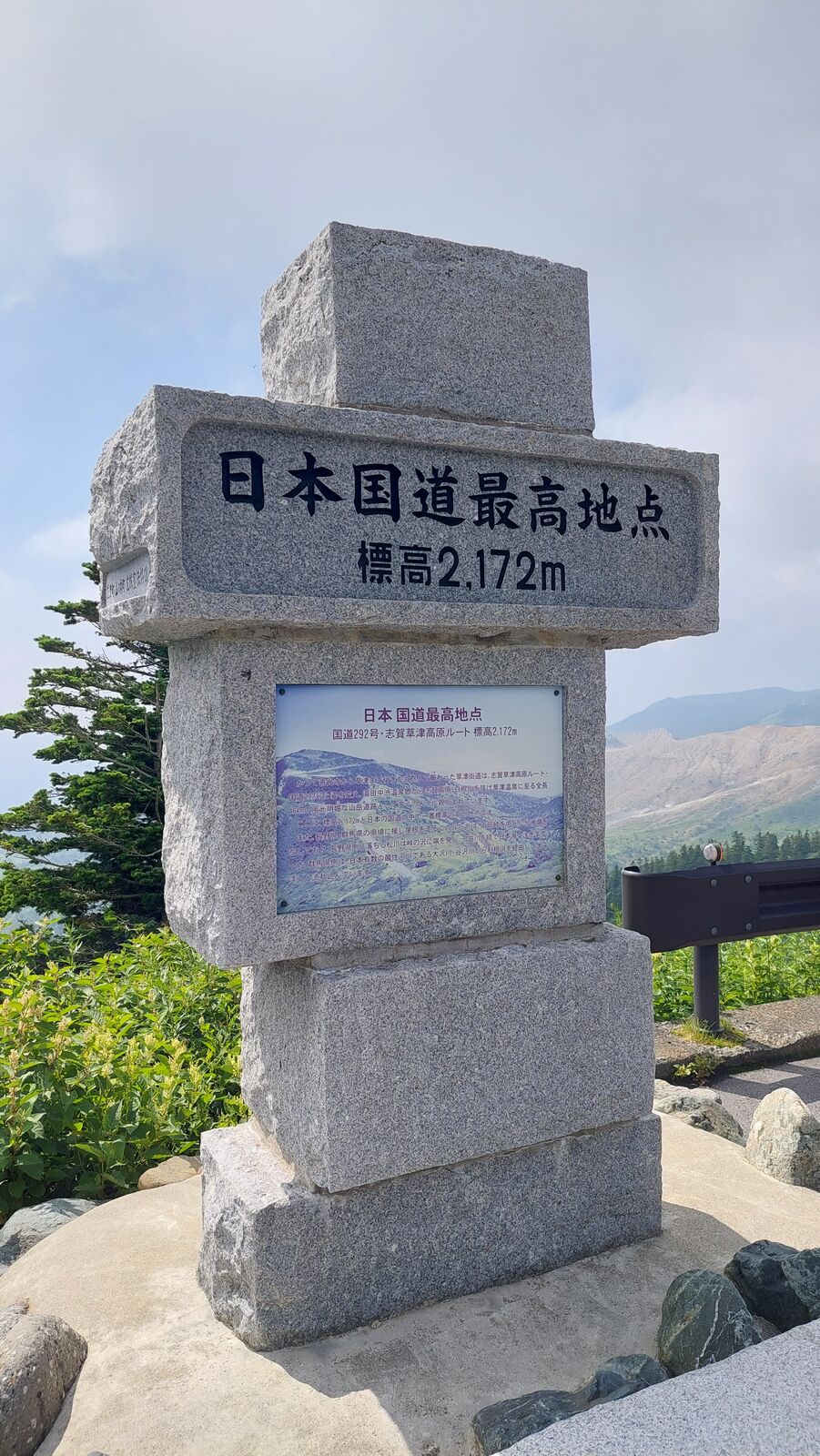 Close-up of the stone monument reading Japan National Route Highest Point, elevation 2,172 meters, with a painted mountain map