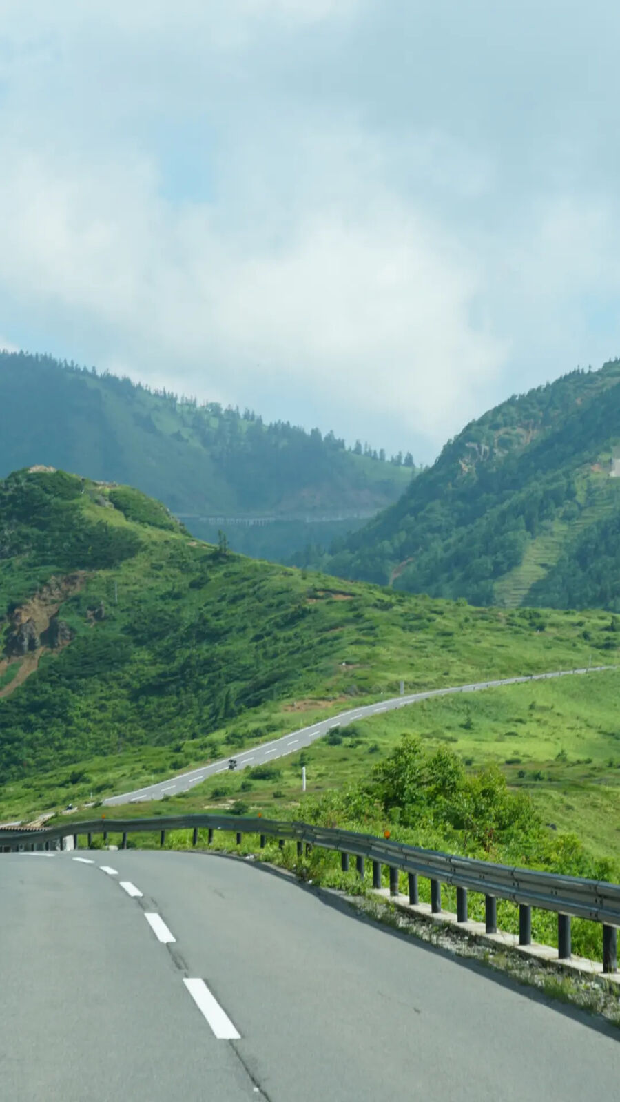 Route 292 winding through green alpine mountains with metal guardrails, the road disappearing into the distance
