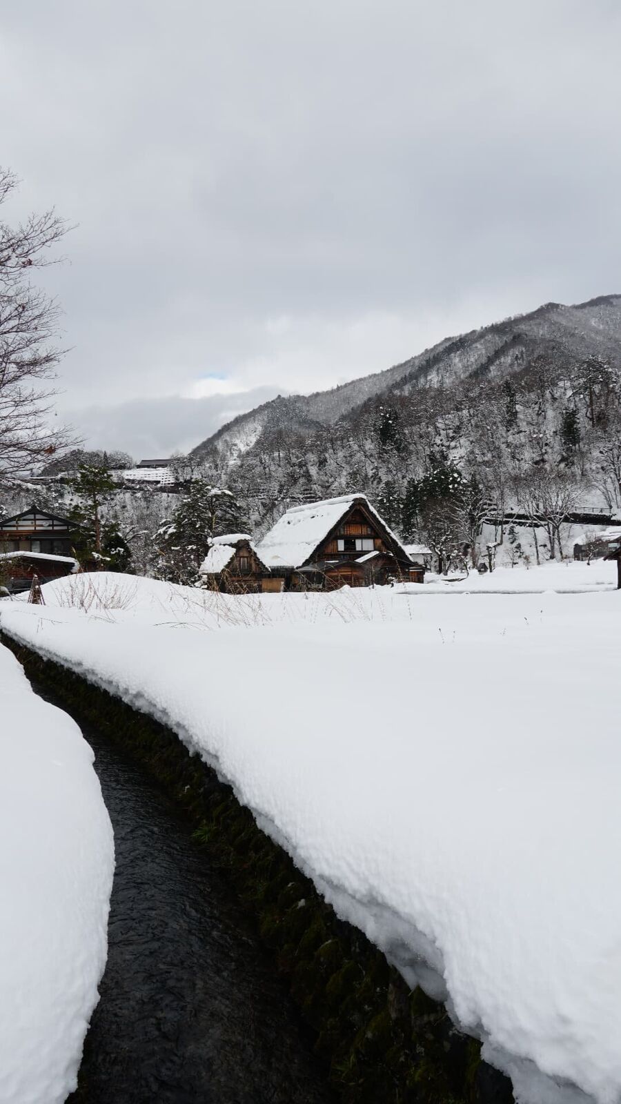 A stream running through the village with Gassho houses and snowy mountains in the background, winter overcast sky
