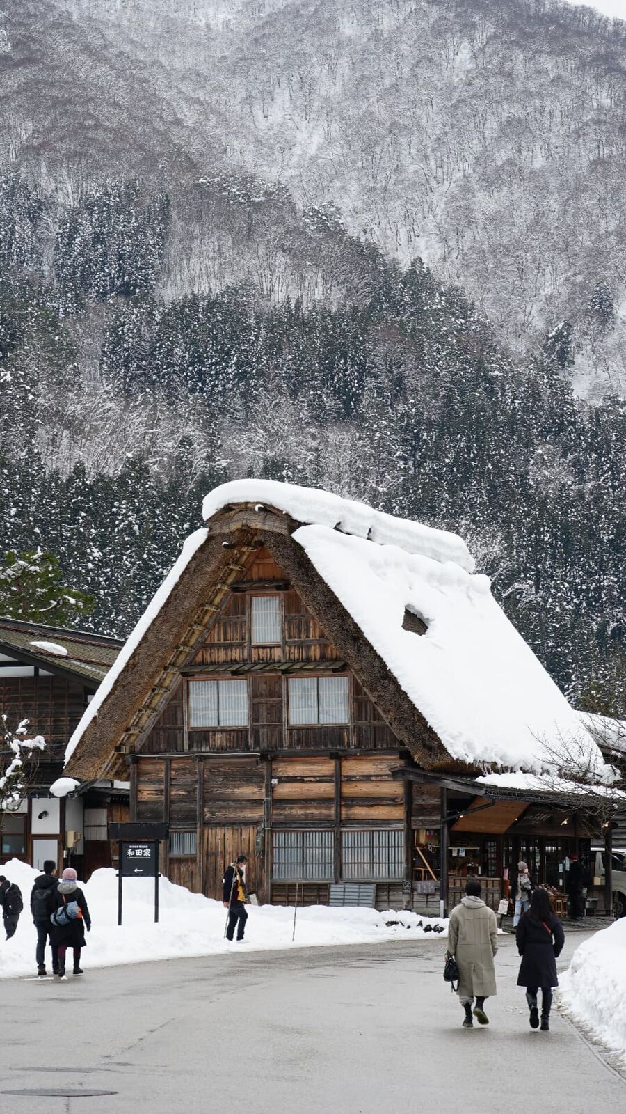 The Wada-ke house, one of the largest Gassho-zukuri houses, its steep roof loaded with snow