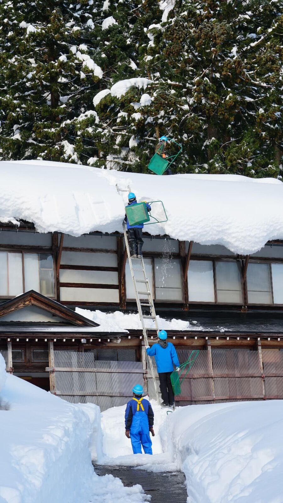 Three workers in blue uniforms with helmets clearing snow from a roof using ladders and green basket-like scoops