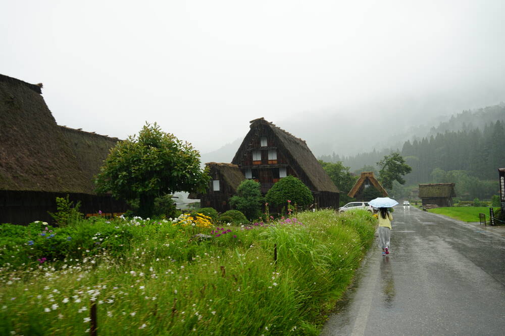 Wet cobblestone street through the village on a rainy day, traditional houses with dark wooden facades lined along the path