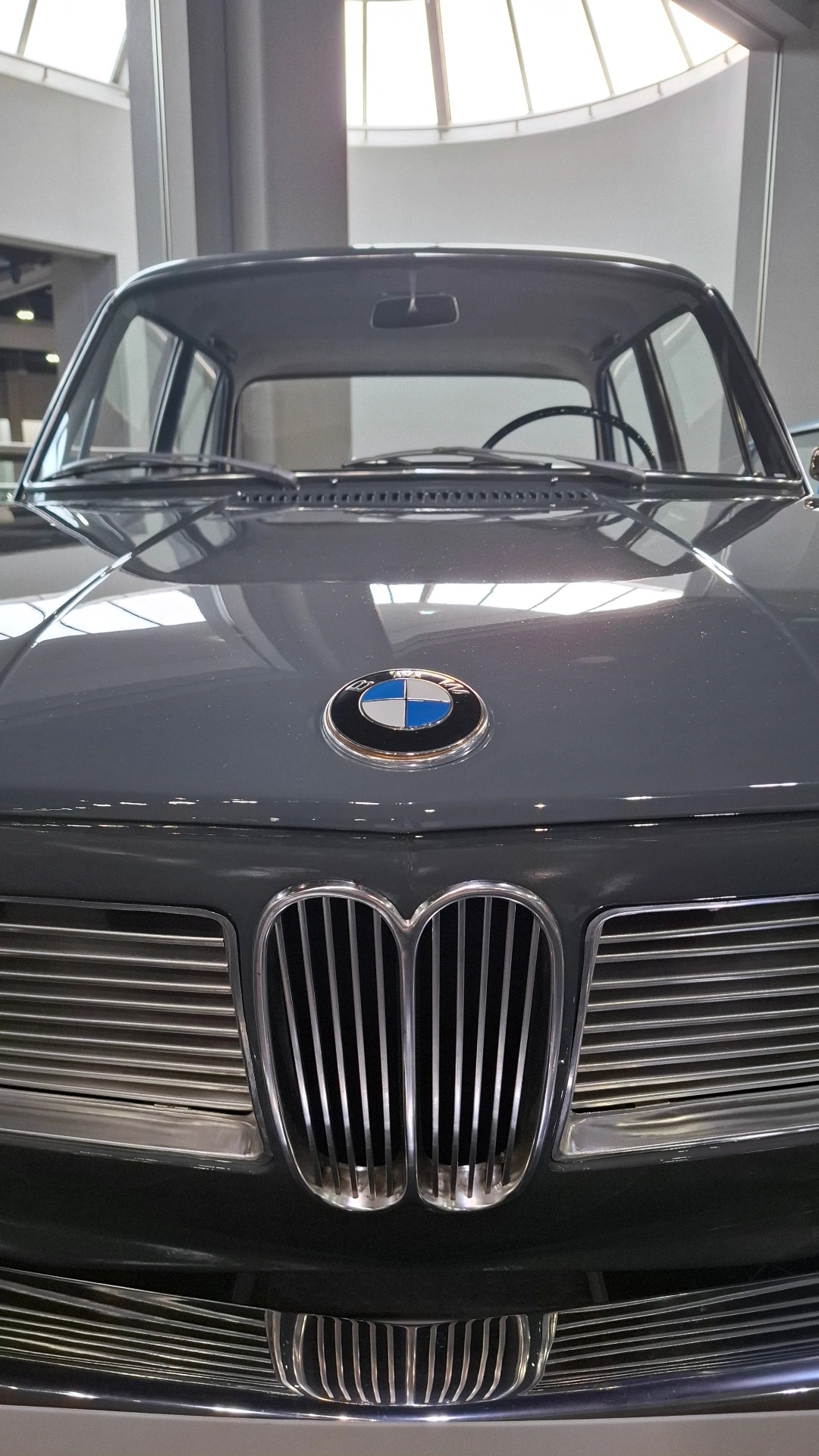 BMW roundel badge and kidney grille close-up on the 1500, the design language that would define the brand for 60 years