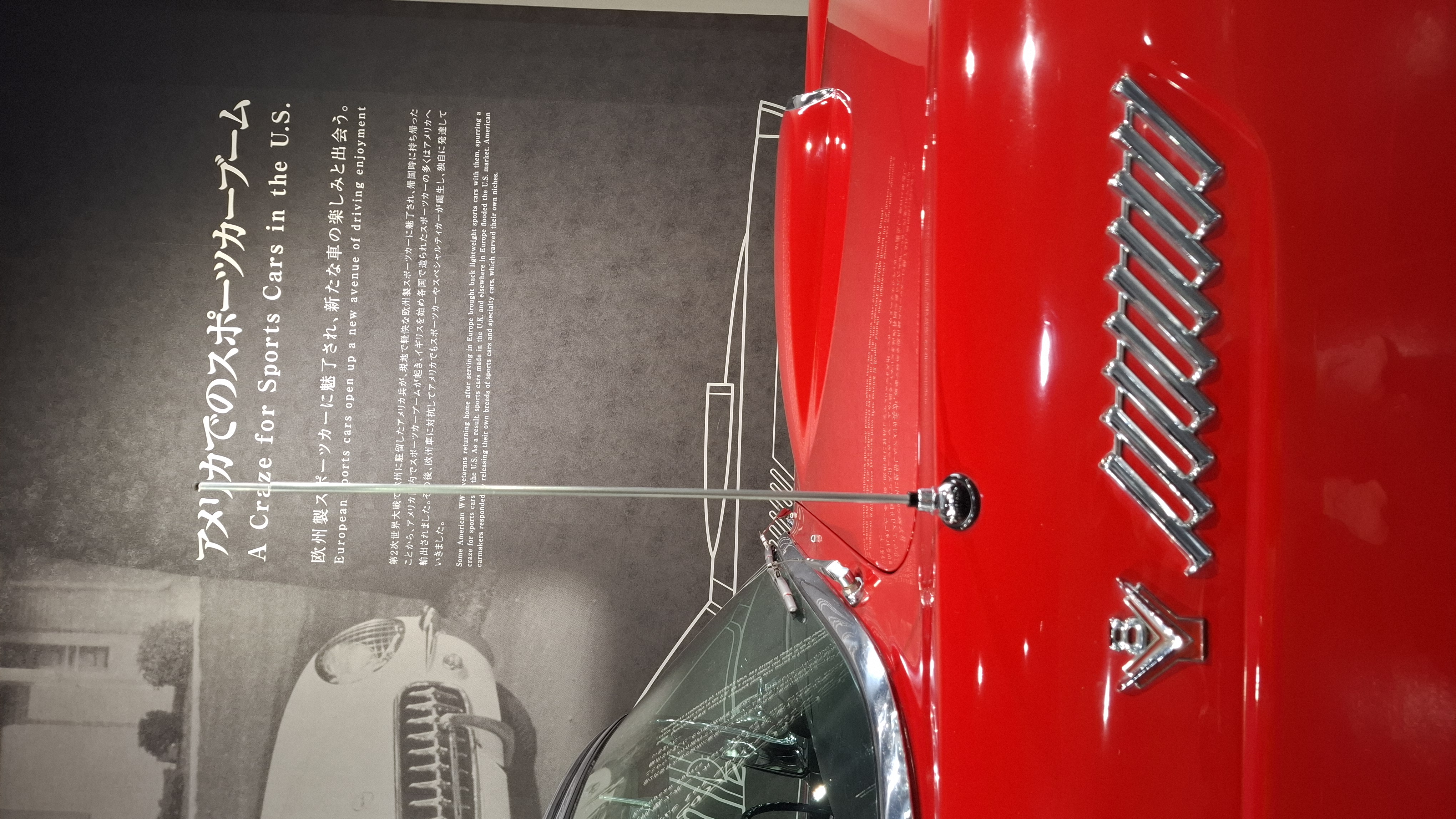 Museum section sign: A Craze for Sports Cars in the U.S., red Ford V8 fender visible beside it