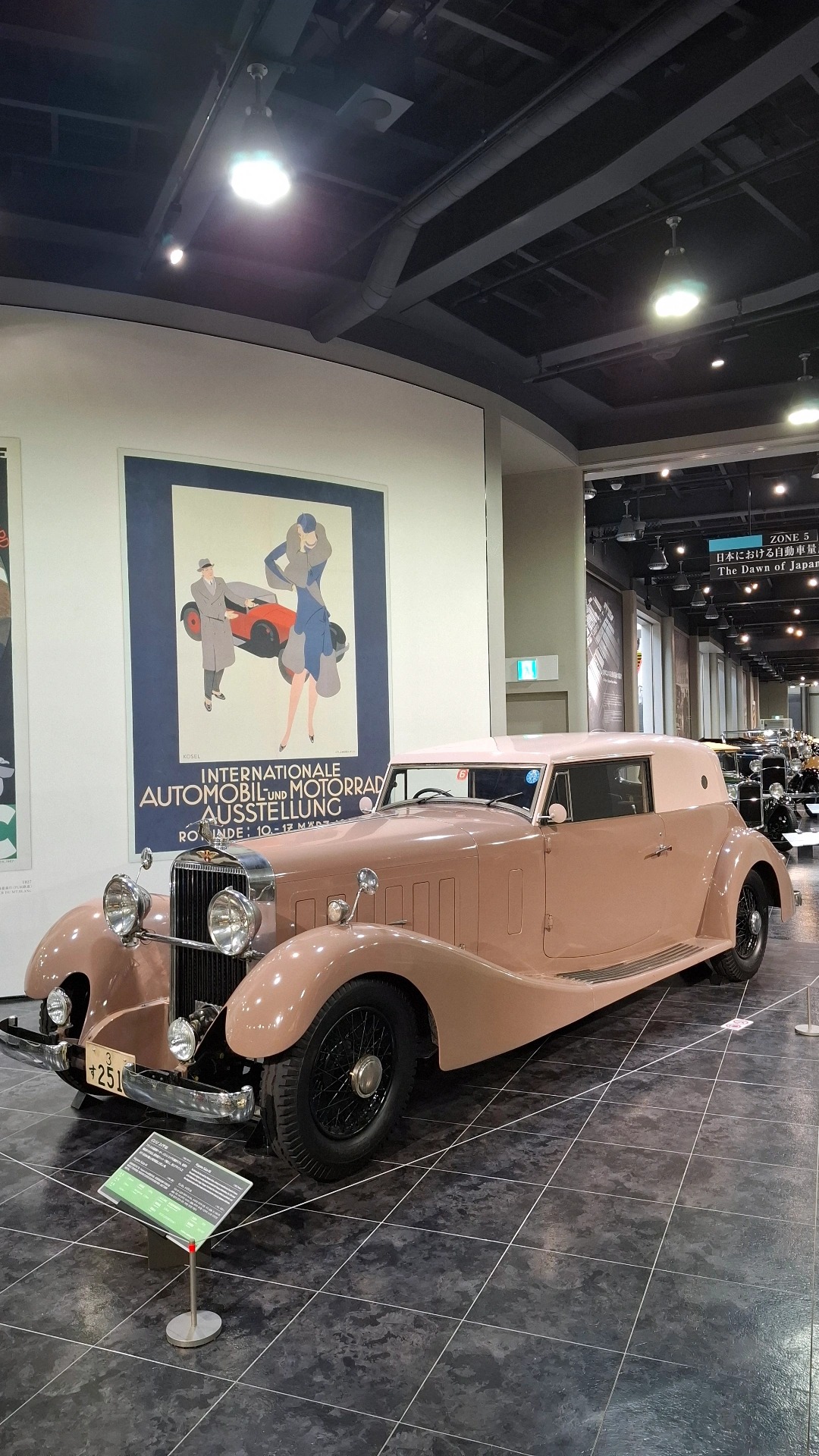 Salmon pink Hispano-Suiza full car with 1929 auto show poster, one of the most beautiful pre-war cars ever made
