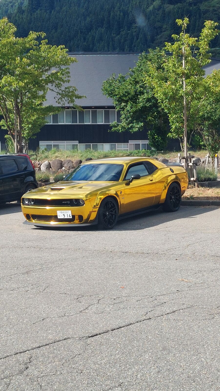 Yellow sports car at the White Road entrance, mountains and green forest behind